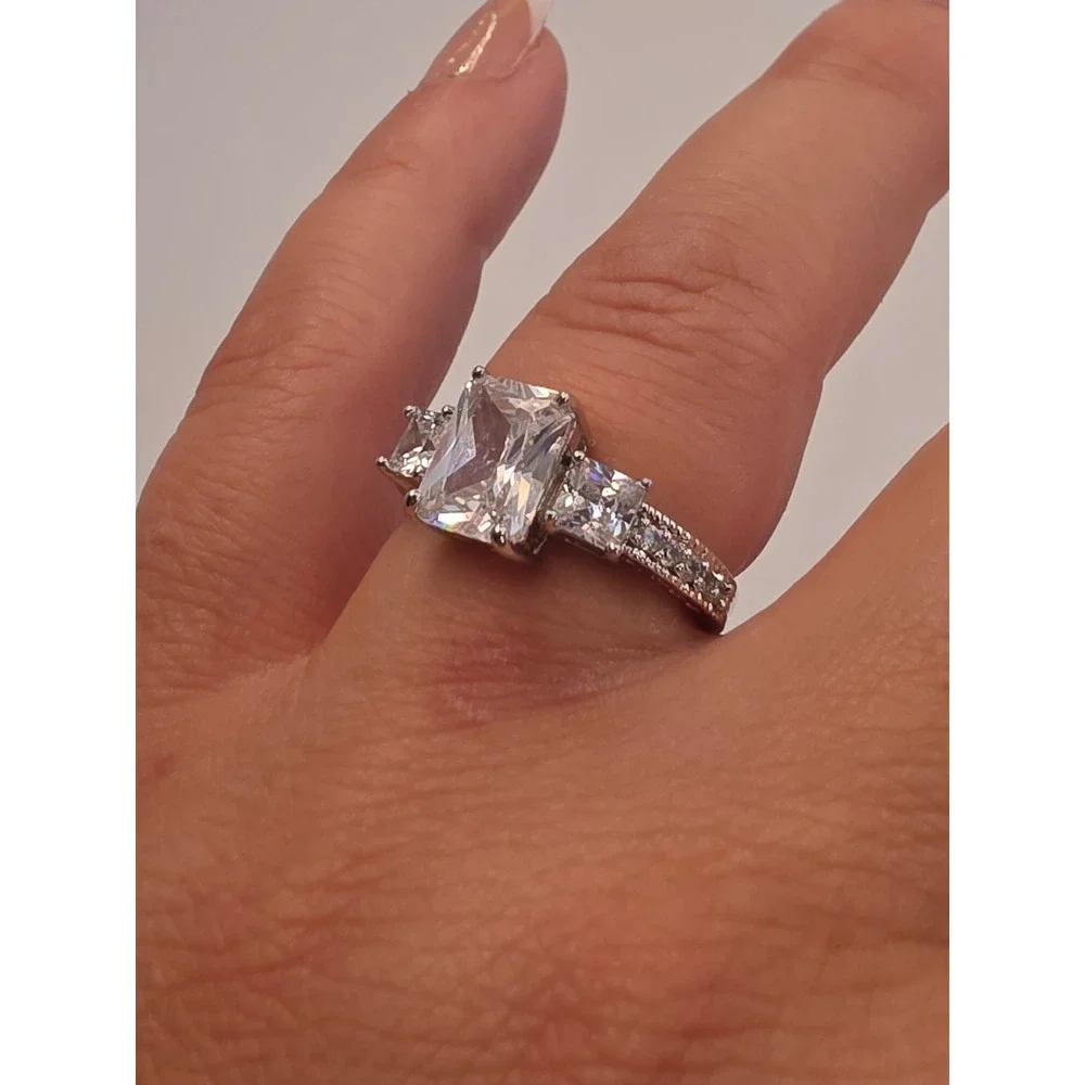 Emerald Cut Three Stone Engagement Ring Silver Tone Size 7.25